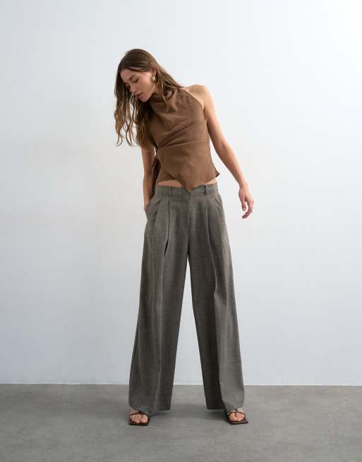 Topshop raw hem low slung double pleated tailored pants in brown heather, 4 of 5