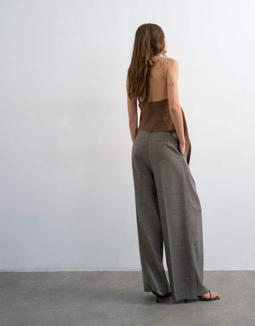 Topshop raw hem low slung double pleated tailored pants in brown marl, 3 of 5