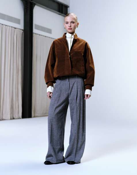 Topshop raw hem low slung double pleated tailored pants in dark charcoal - view 1