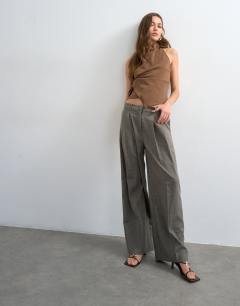 Raw hem low slung double pleated tailored trouser in brown marl