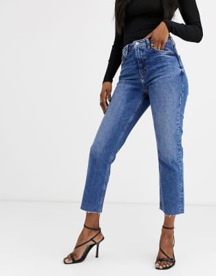 topshop mid blue raw hem straight jeans