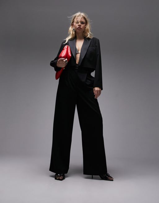 Topshop raw hem tuxedo wide leg tailored pants in black part of a set