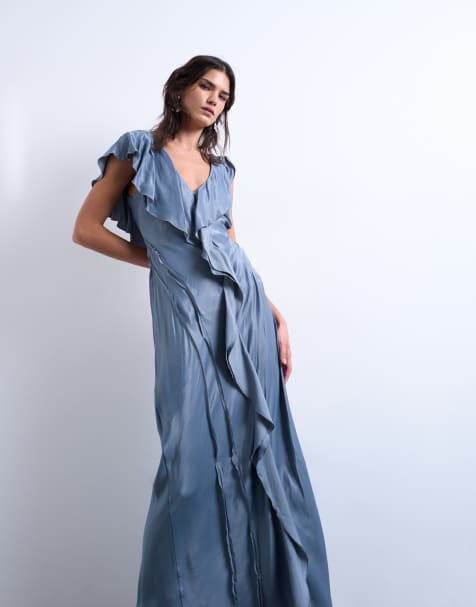 Topshop raw seamed frill maxi dress in air force blue - view 1