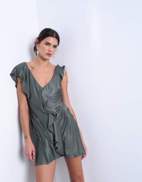 Topshop raw seamed ruffle mini dress in petrol - view 1