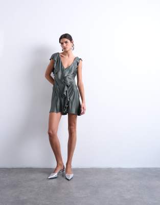 Topshop Raw Seamed Ruffle Mini Dress In Green