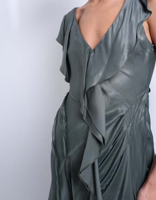Topshop raw seamed ruffle mini dress in petrol, 3 of 4