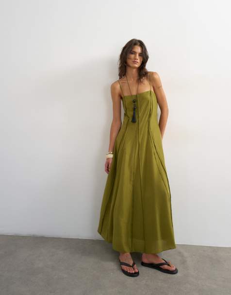 Topshop raw seamed strappy maxi dress in chartreuse green - view 1
