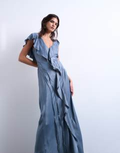 Model wearing Raw seemed frill maxi dress in airforce blue