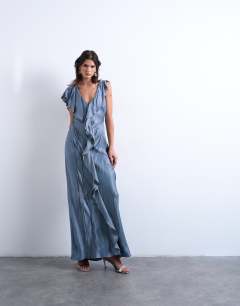 Model wearing Raw seemed frill maxi dress in airforce blue