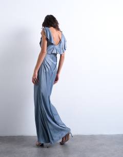 Model wearing Raw seemed frill maxi dress in airforce blue