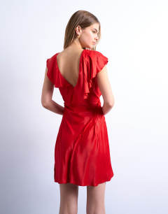 Model wearing Raw seemed frill mini dress in red