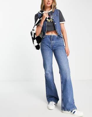 Topshop raw waist band 90s flare jeans in mid blue  - ASOS Price Checker