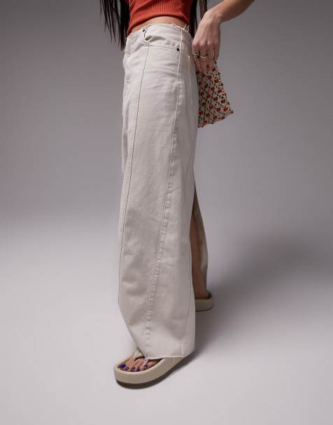 Topshop raw waistband denim maxi skirt in off white - view 1