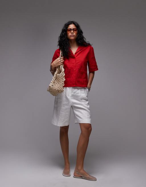 Topshop - Rød cropped skjorte med udskårne broderier - Del af sæt, 2 af 4