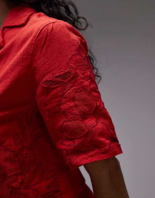 Topshop - Rød cropped skjorte med udskårne broderier - Del af sæt, 4 af 4