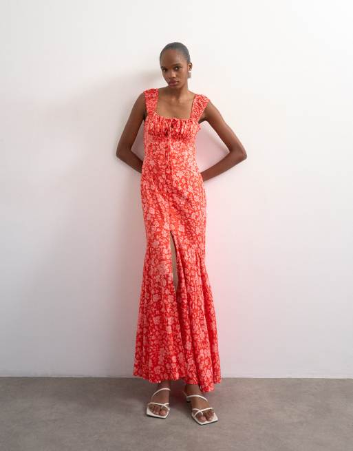 Topshop - Rød maxi-sommerkjole med knapper og korte ærmer i småblomstret print