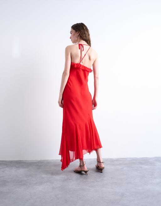 Topshop - Rød midikjole til særlige lejligheder med kiler i kanten i chiffon, 3 af 4