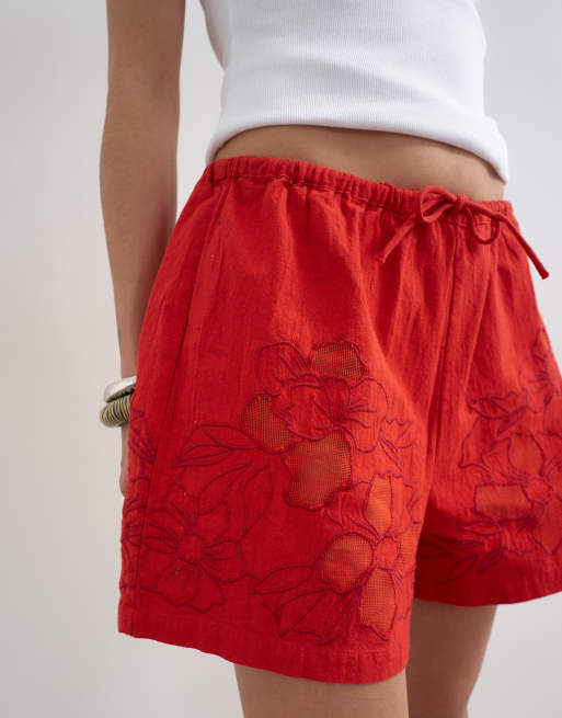 Topshop - Røde shorts med blomsterapplikationer - Del af sæt, 3 af 5