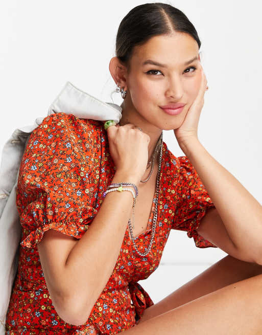 Topshop - Rødt playsuit med flæser og småblomstret print, 3 af 4