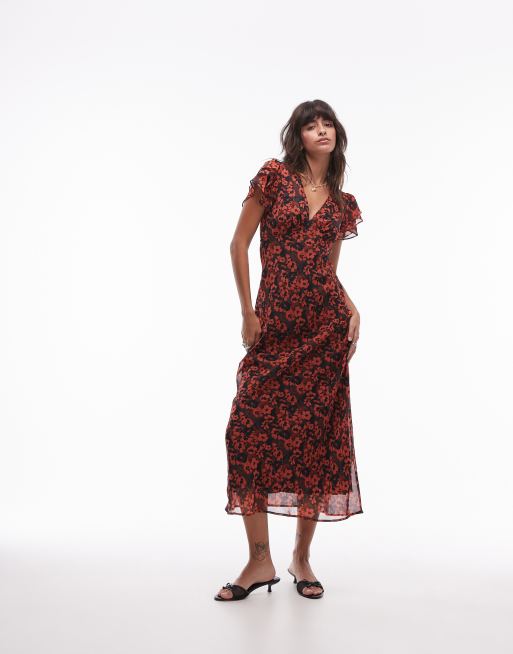 Topshop – Rdzawoczerwona sukienka midi ze zwiewnymi rękawami w kwiatowy wzór