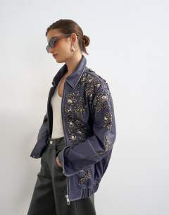 Real leather beaded jacket in blue