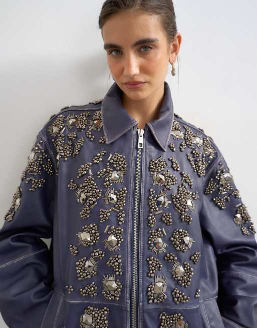Topshop real leather beaded jacket in blue, 3 of 4