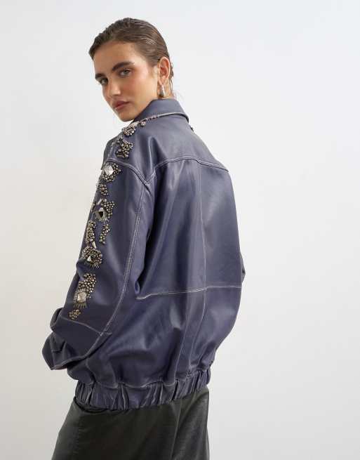Topshop real leather beaded jacket in blue, 4 of 4