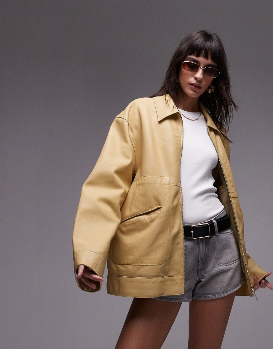 Topshop Real Leather Harrington Jacket In Yellow