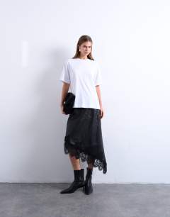 Real leather lace insert midi skirt in black