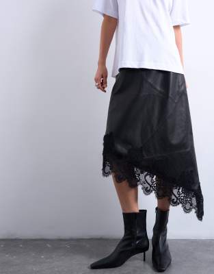 Topshop Real Leather Lace Insert Midi Skirt In Animal Print