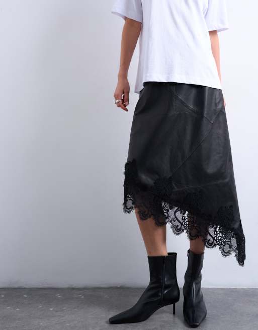 Topshop real leather lace insert midi skirt in black, 2 of 5