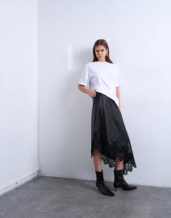 Model wearing Real leather lace insert midi skirt in black