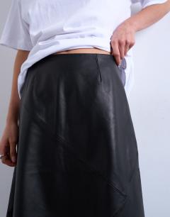 Model wearing Real leather lace insert midi skirt in black