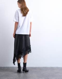 Model wearing Real leather lace insert midi skirt in black