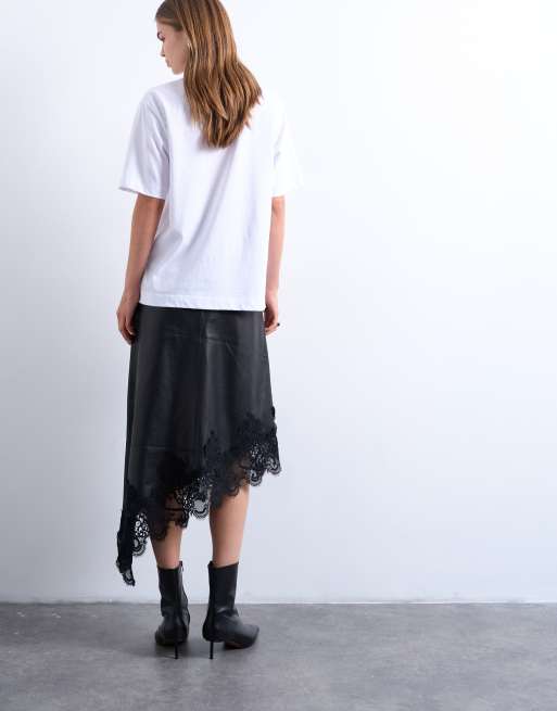 Topshop real leather lace insert midi skirt in black, 5 of 5
