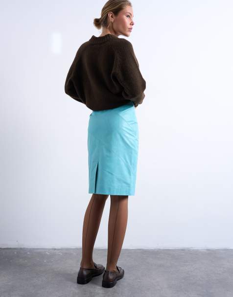 Topshop real leather midi skirt in turquoise - view 1