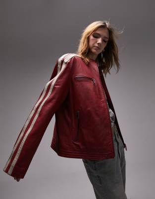 Topshop real leather moto racer jacket in red