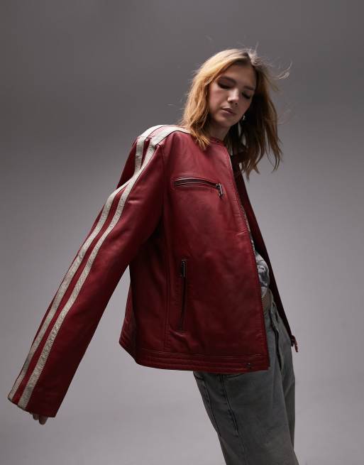 Topshop real leather moto racer jacket in red | ASOS