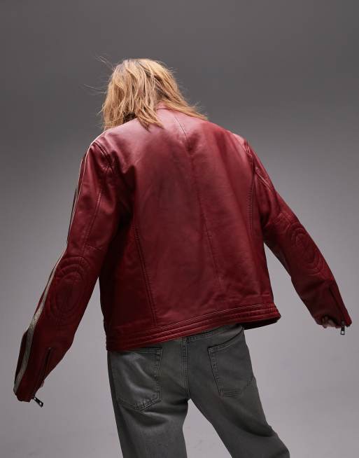 Topshop real leather moto racer jacket in red