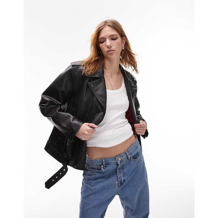 Topshop real leather oversized biker jacket in black ASOS