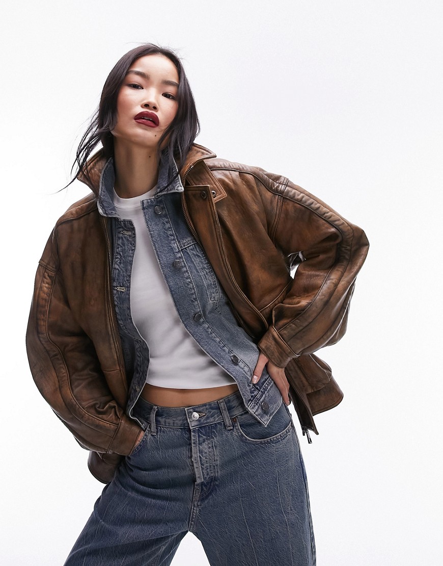 Topshop real leather oversized bomber jacket in tan-Brown