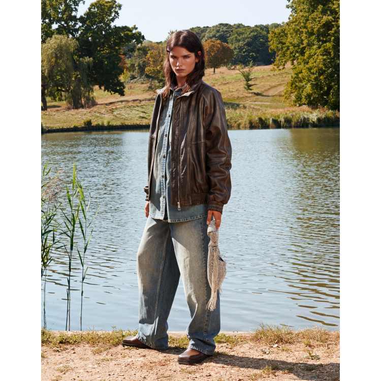 Topshop real leather washed 80s seam bomber jacket in dark brown