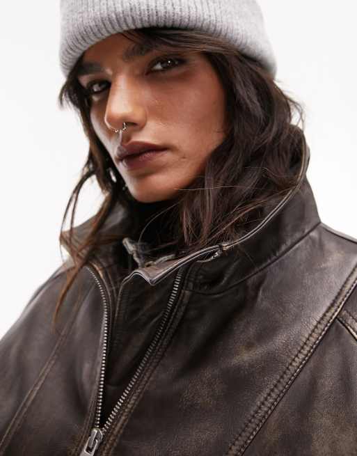 Topshop faux leather shearling cropped aviator jacket with seaming detail  in dark brown, ASOS