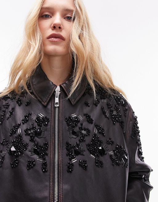 Topshop real leather washed bomber jacket with embellishment in brown ...