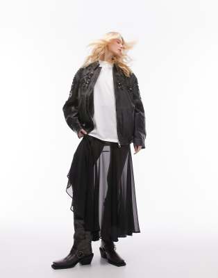 Topshop real leather washed bomber jacket with embellishment