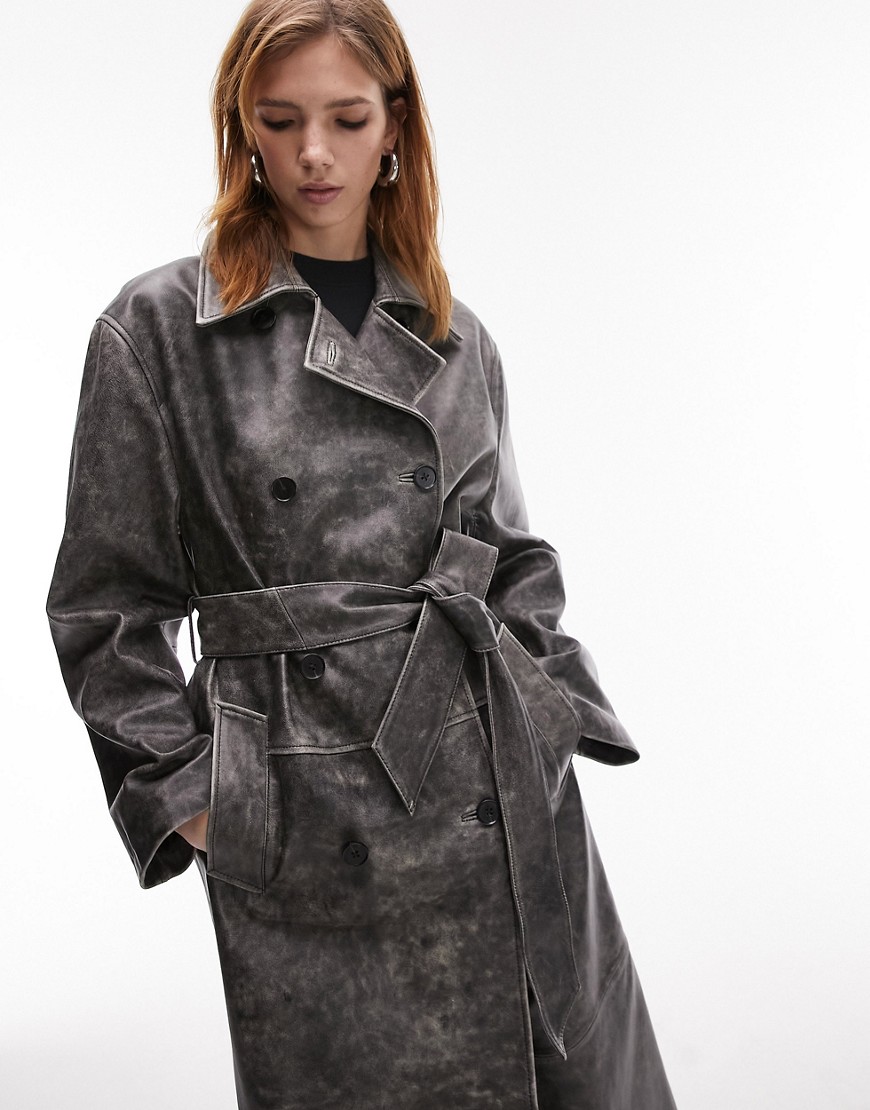 real leather washed effect trench coat in gray