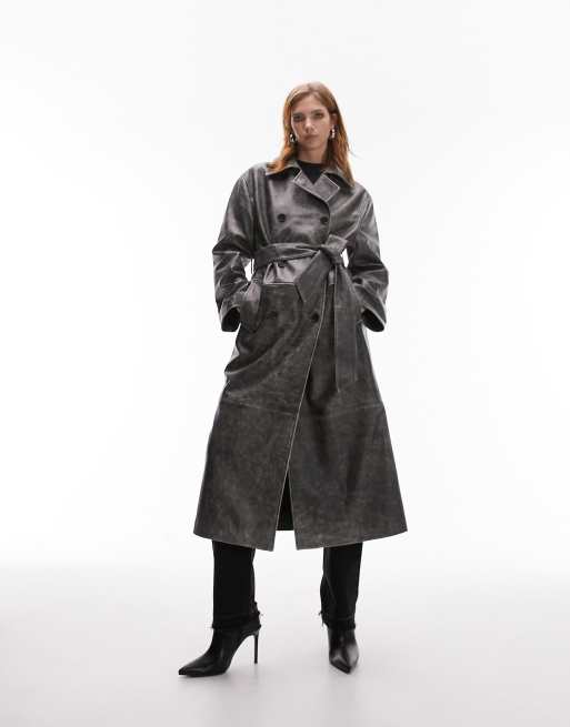 Grey leather cheap trench coat