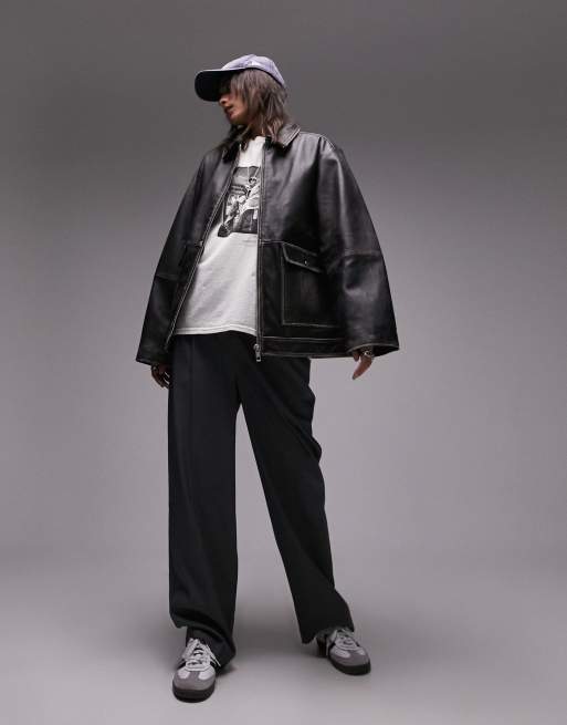 Topshop real leather zip through 90s jacket with pockets in