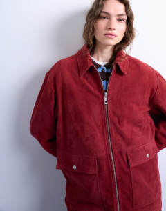 Model wearing Real suede CF zip through jacket in red