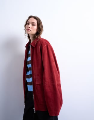 Topshop Real Suede Cf Zip Up Jacket In Red